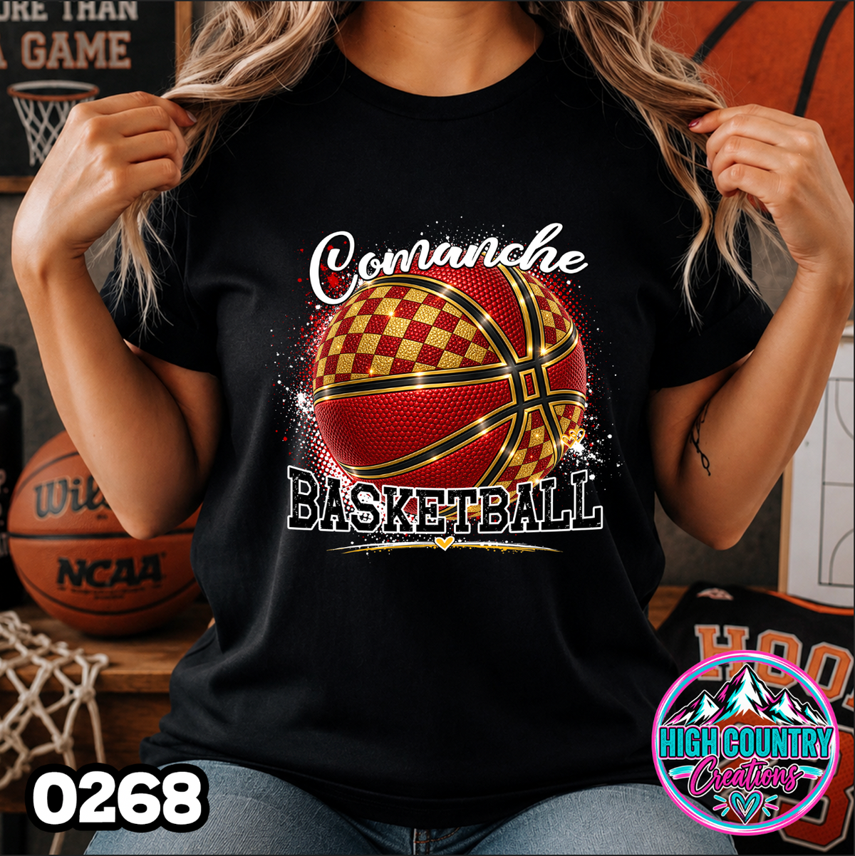 0268 Faux Glitter Checkered Basketball Spirit Tee