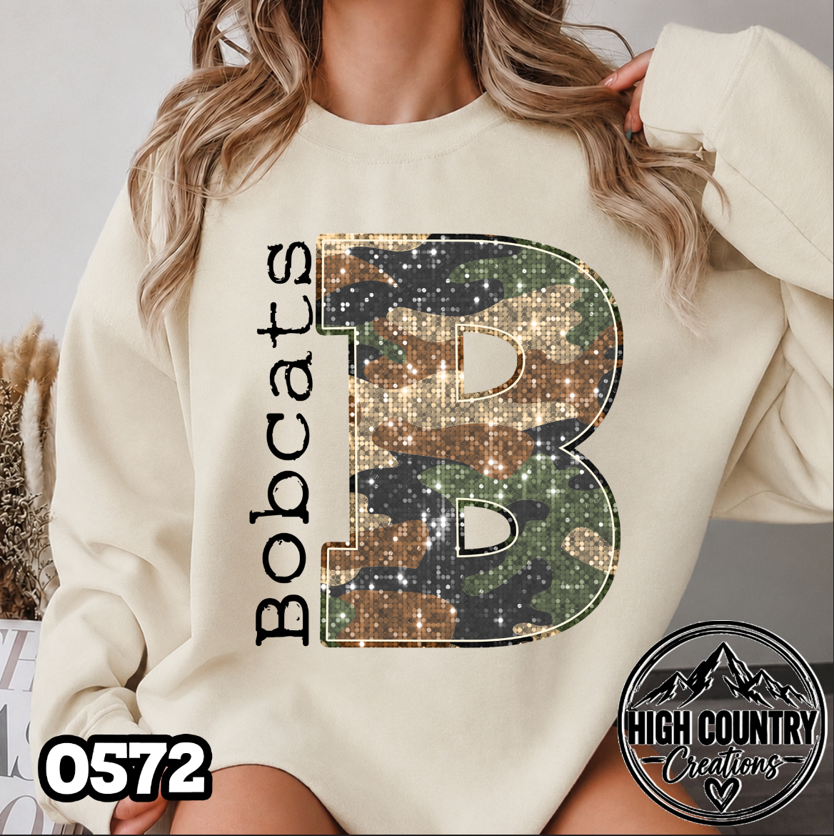 0572 Faux Glitter Camo Initial Mascot Sweater