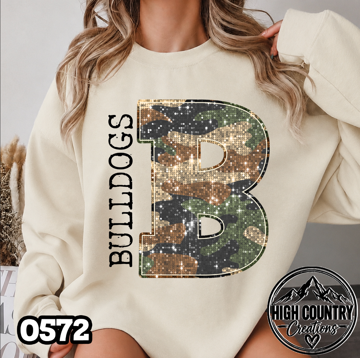 0572 Faux Glitter Camo Initial Mascot Sweater