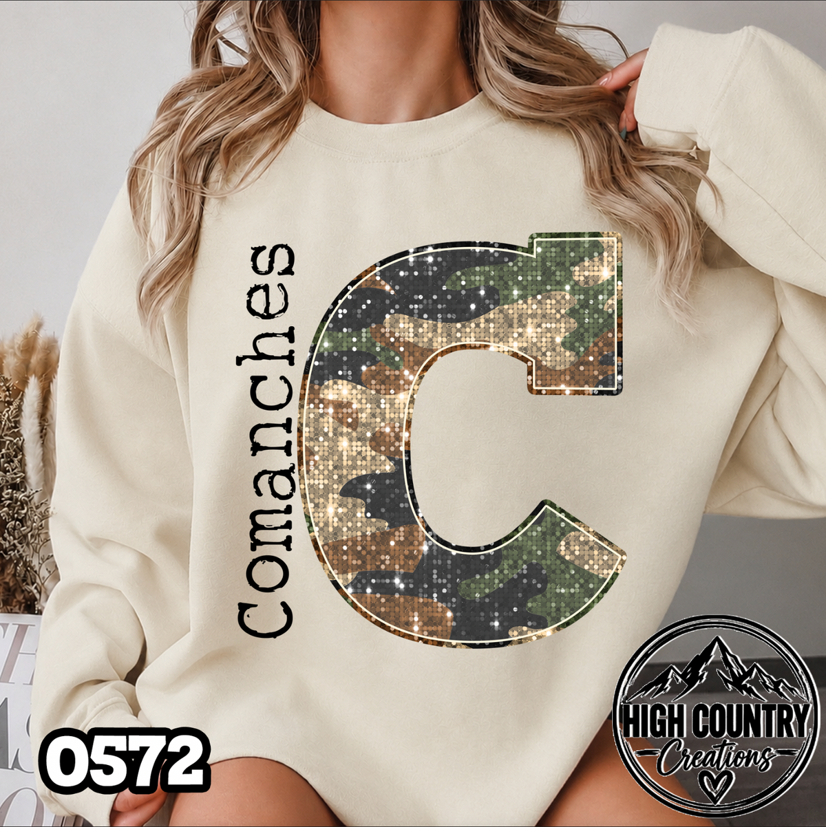 0572 Faux Glitter Camo Initial Mascot Sweater