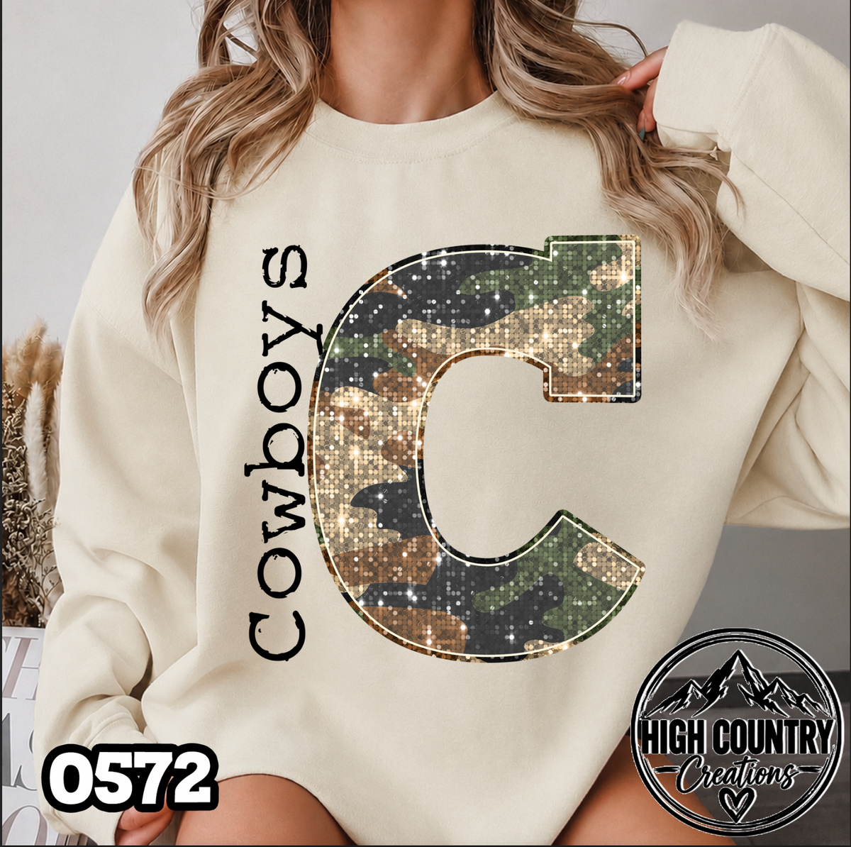 0572 Faux Glitter Camo Initial Mascot Sweater