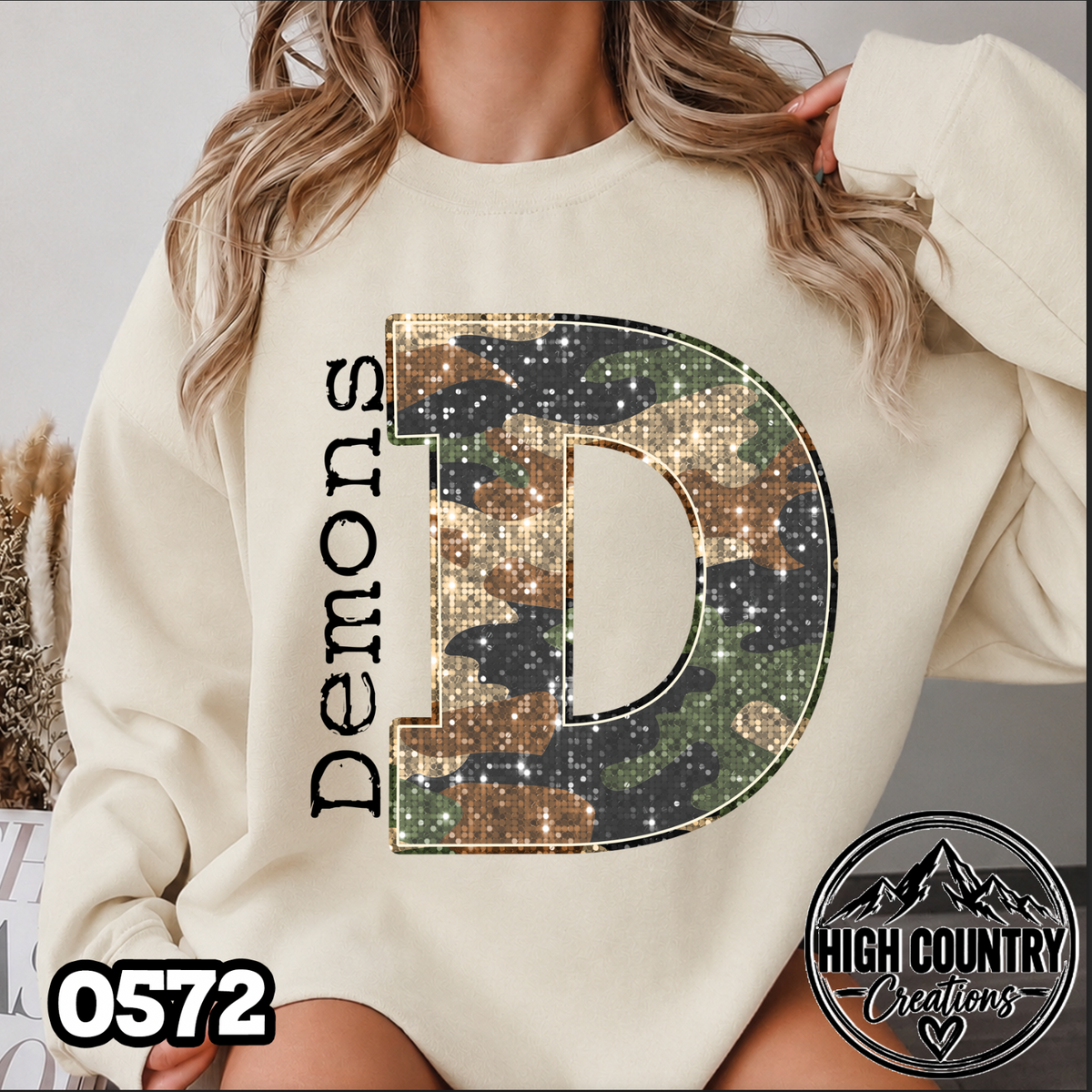 0572 Faux Glitter Camo Initial Mascot Sweater