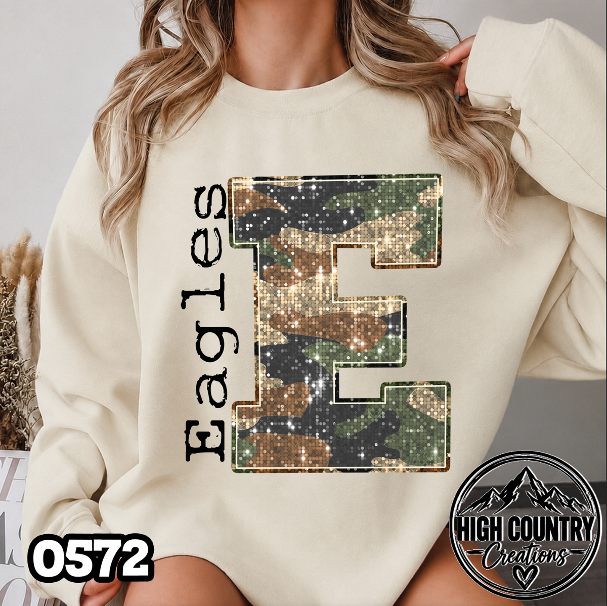 0572 Faux Glitter Camo Initial Mascot Sweater