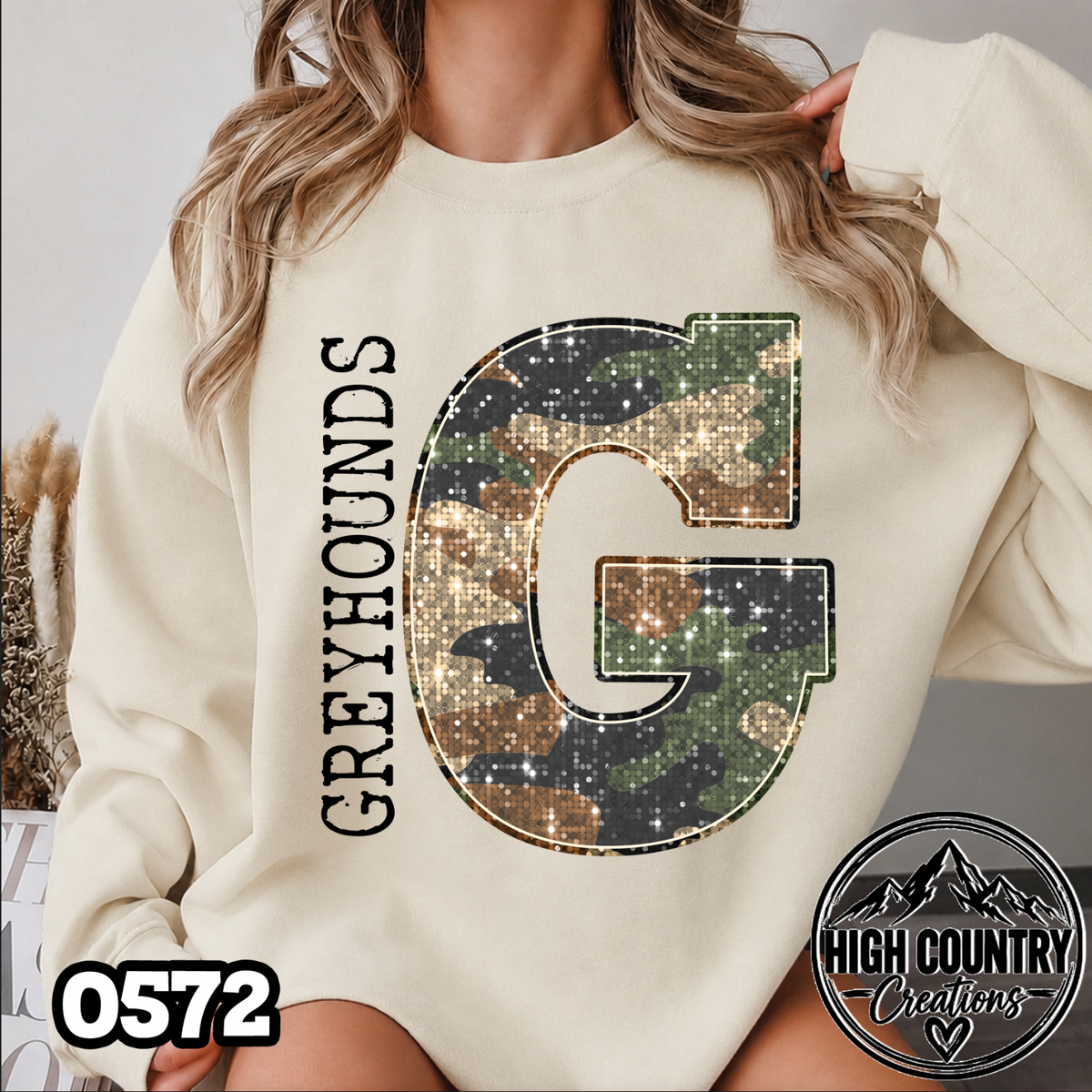 0572 Faux Glitter Camo Initial Mascot Sweater