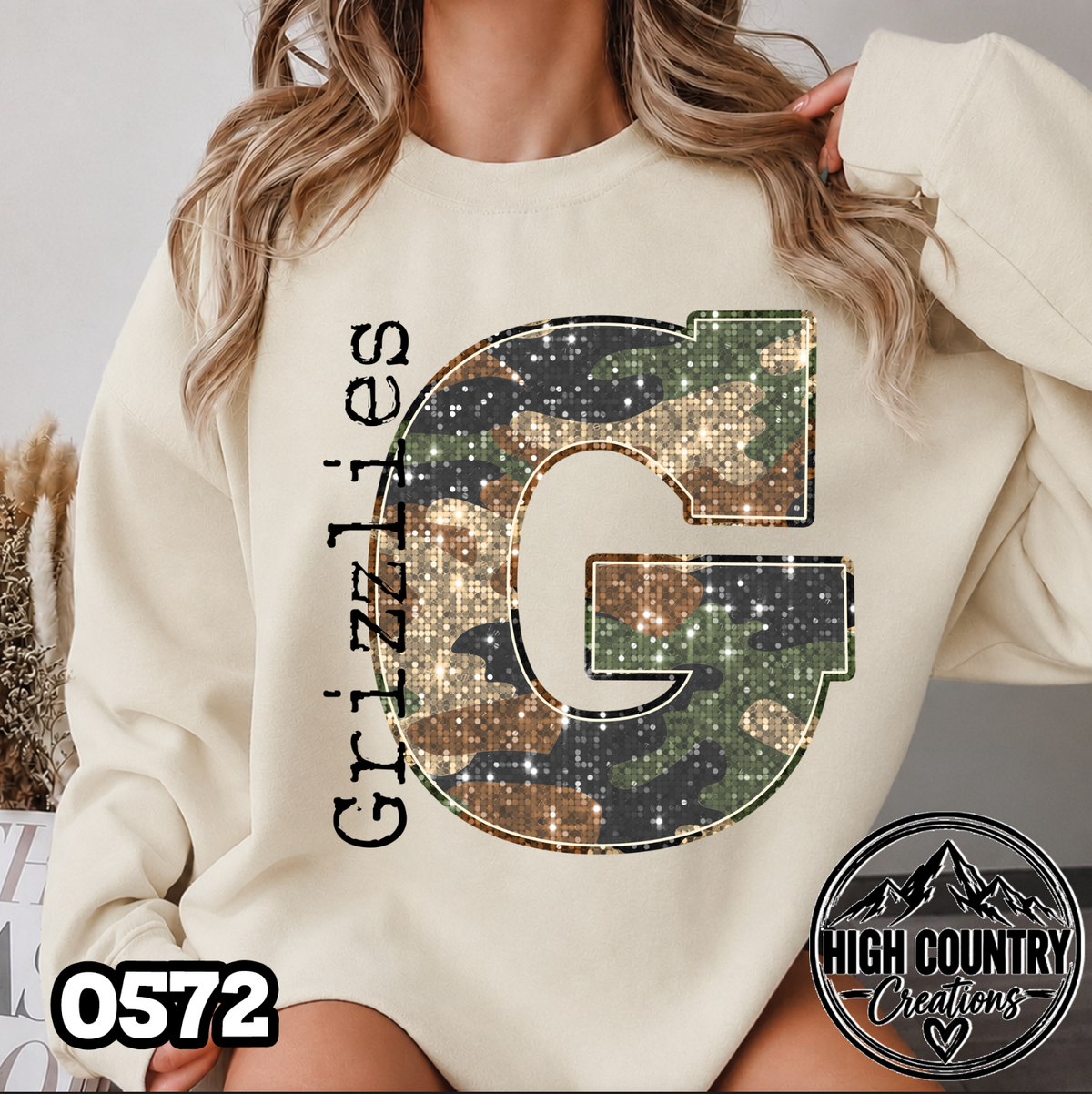 0572 Faux Glitter Camo Initial Mascot Sweater