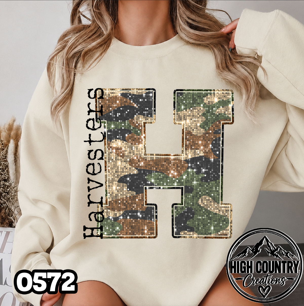 0572 Faux Glitter Camo Initial Mascot Sweater