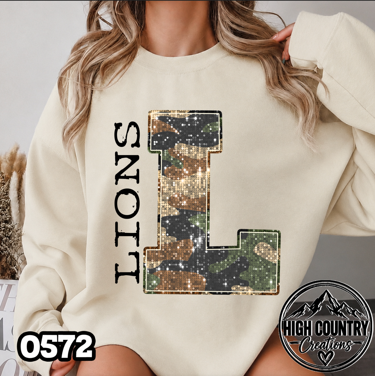 0572 Faux Glitter Camo Initial Mascot Sweater