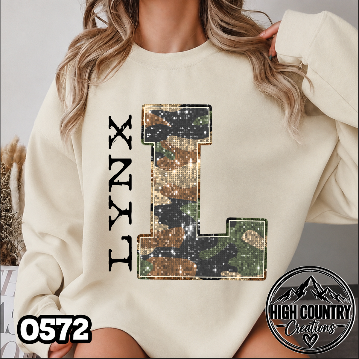 0572 Faux Glitter Camo Initial Mascot Sweater