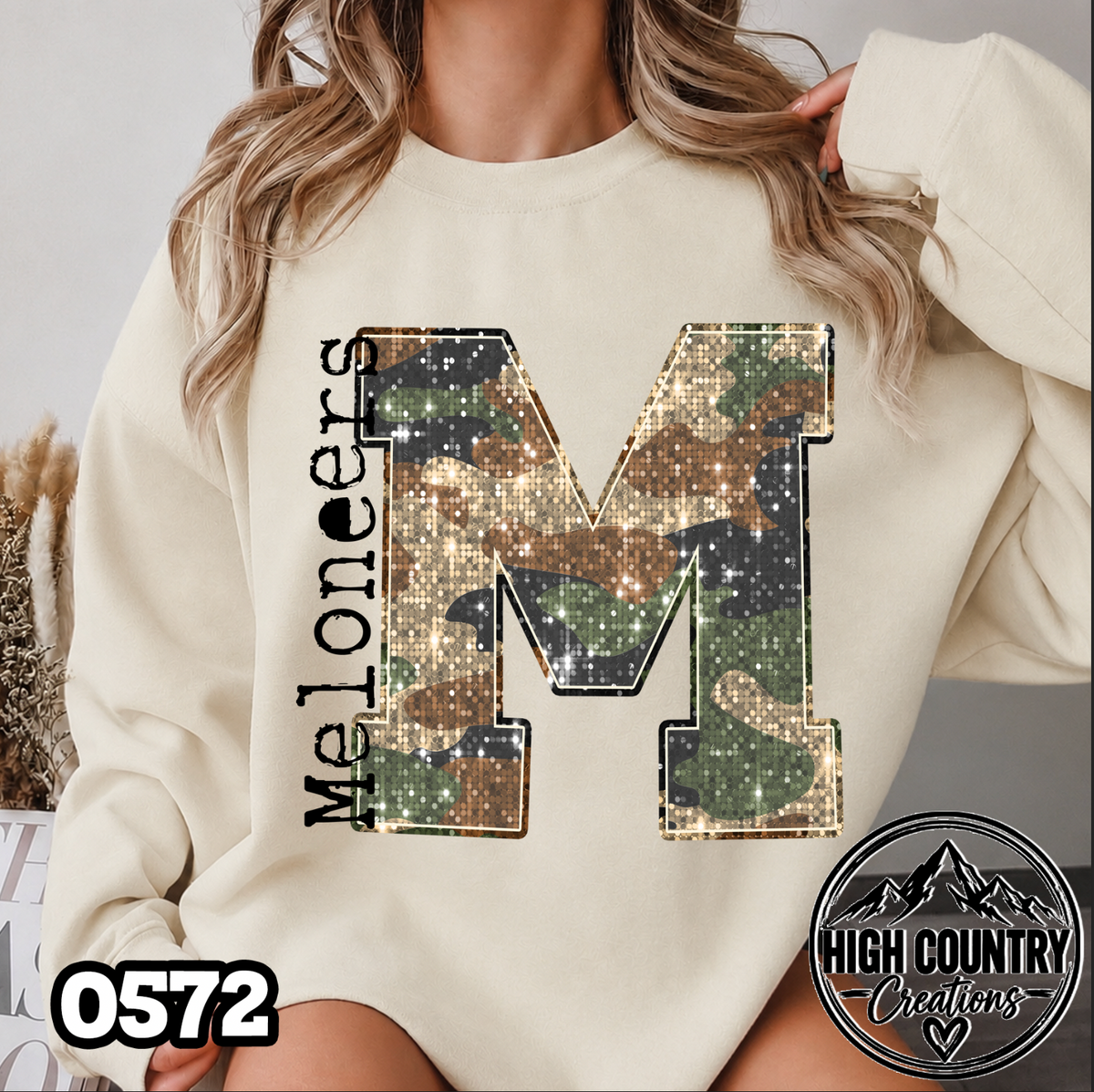 0572 Faux Glitter Camo Initial Mascot Sweater