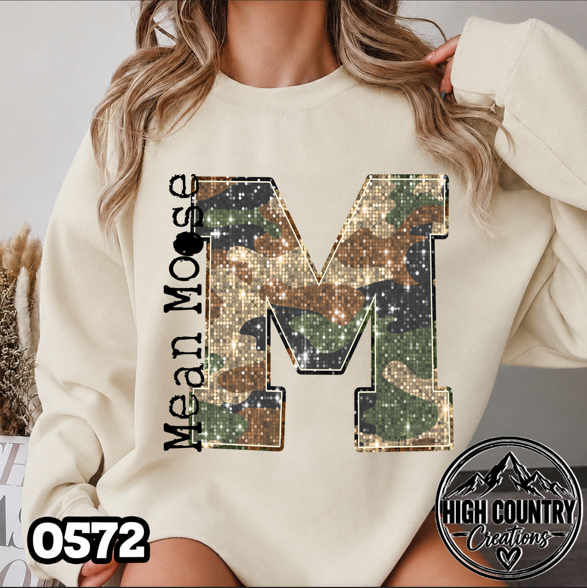0572 Faux Glitter Camo Initial Mascot Sweater