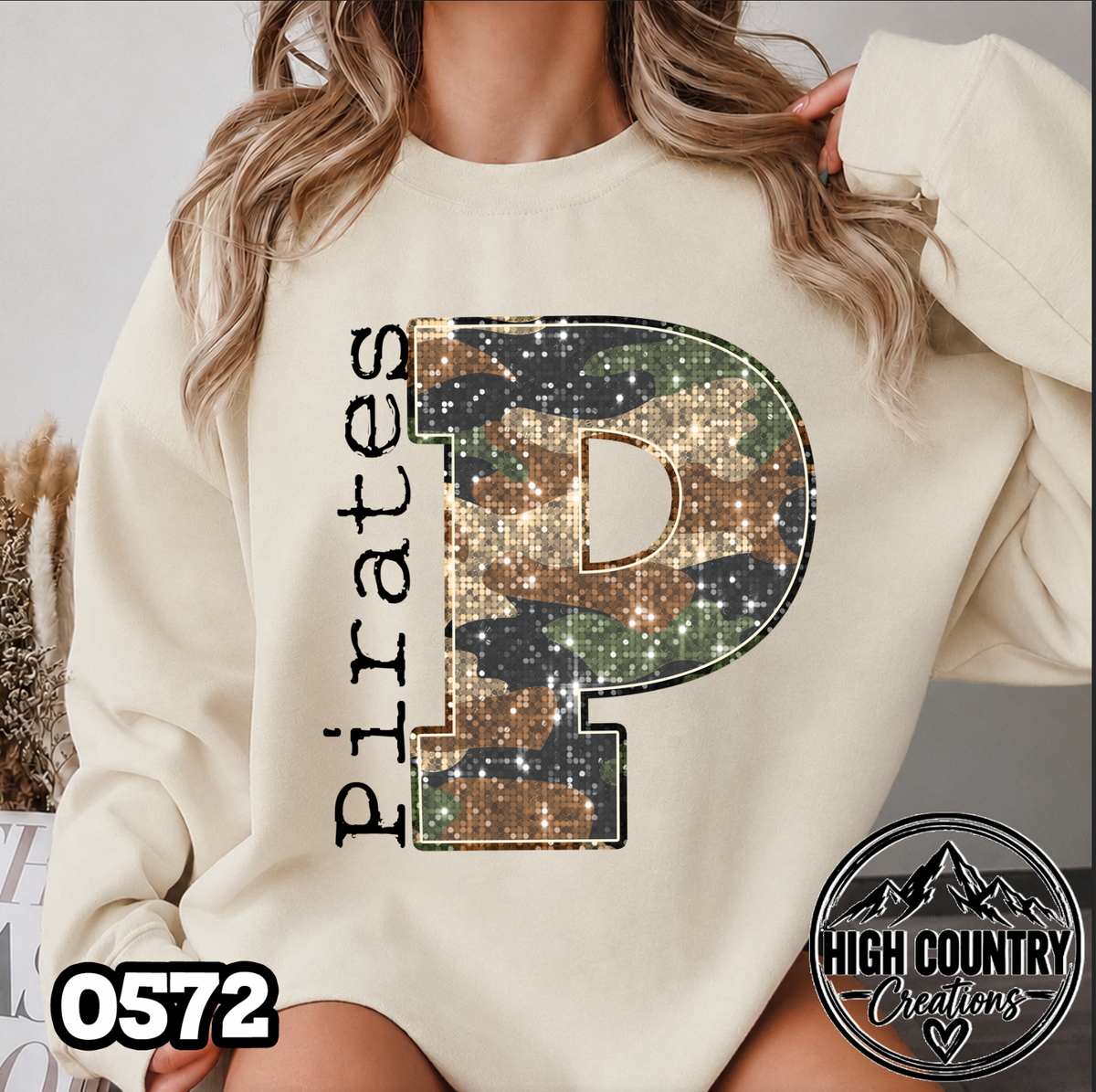 0572 Faux Glitter Camo Initial Mascot Sweater