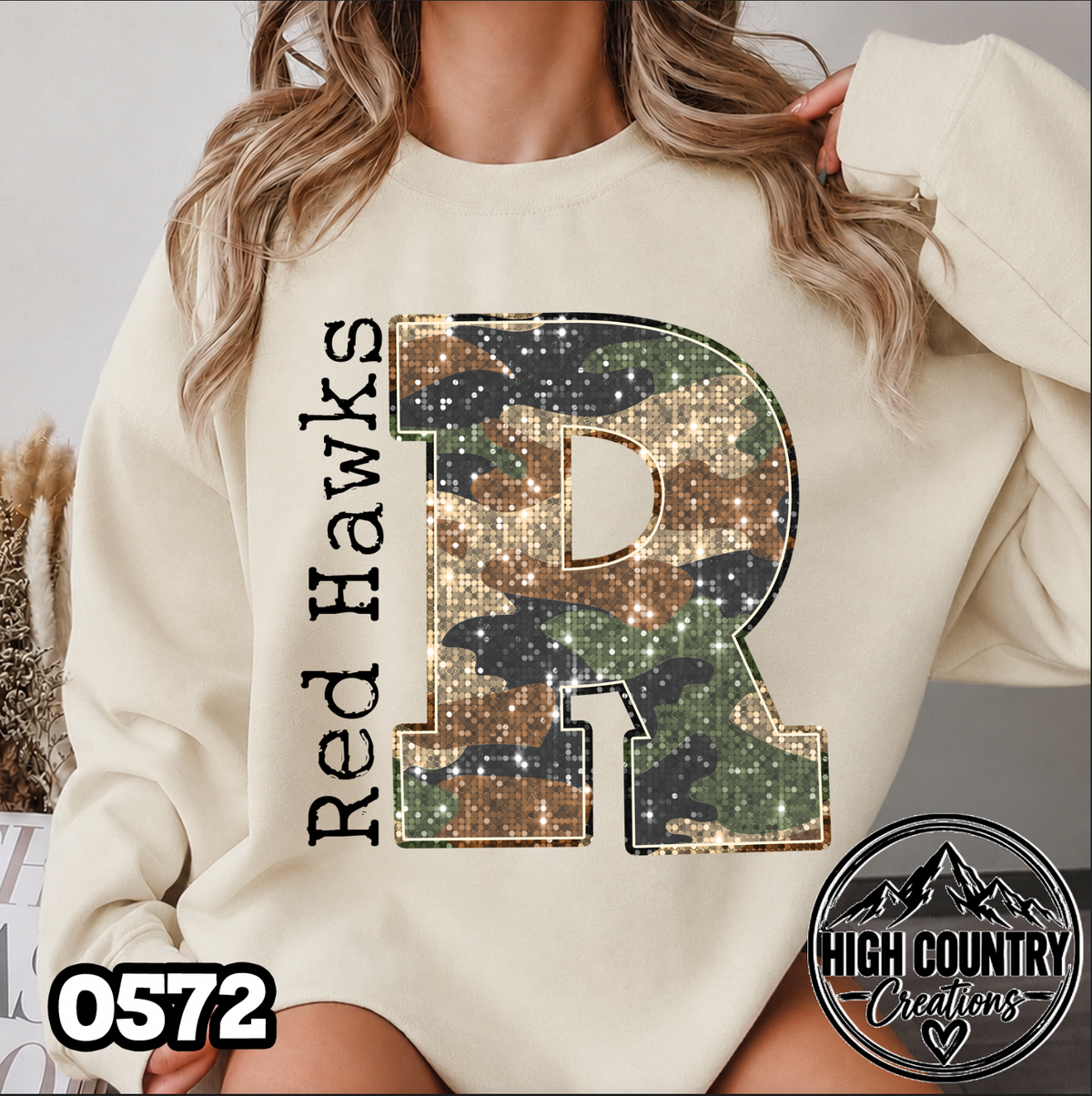 0572 Faux Glitter Camo Initial Mascot Sweater