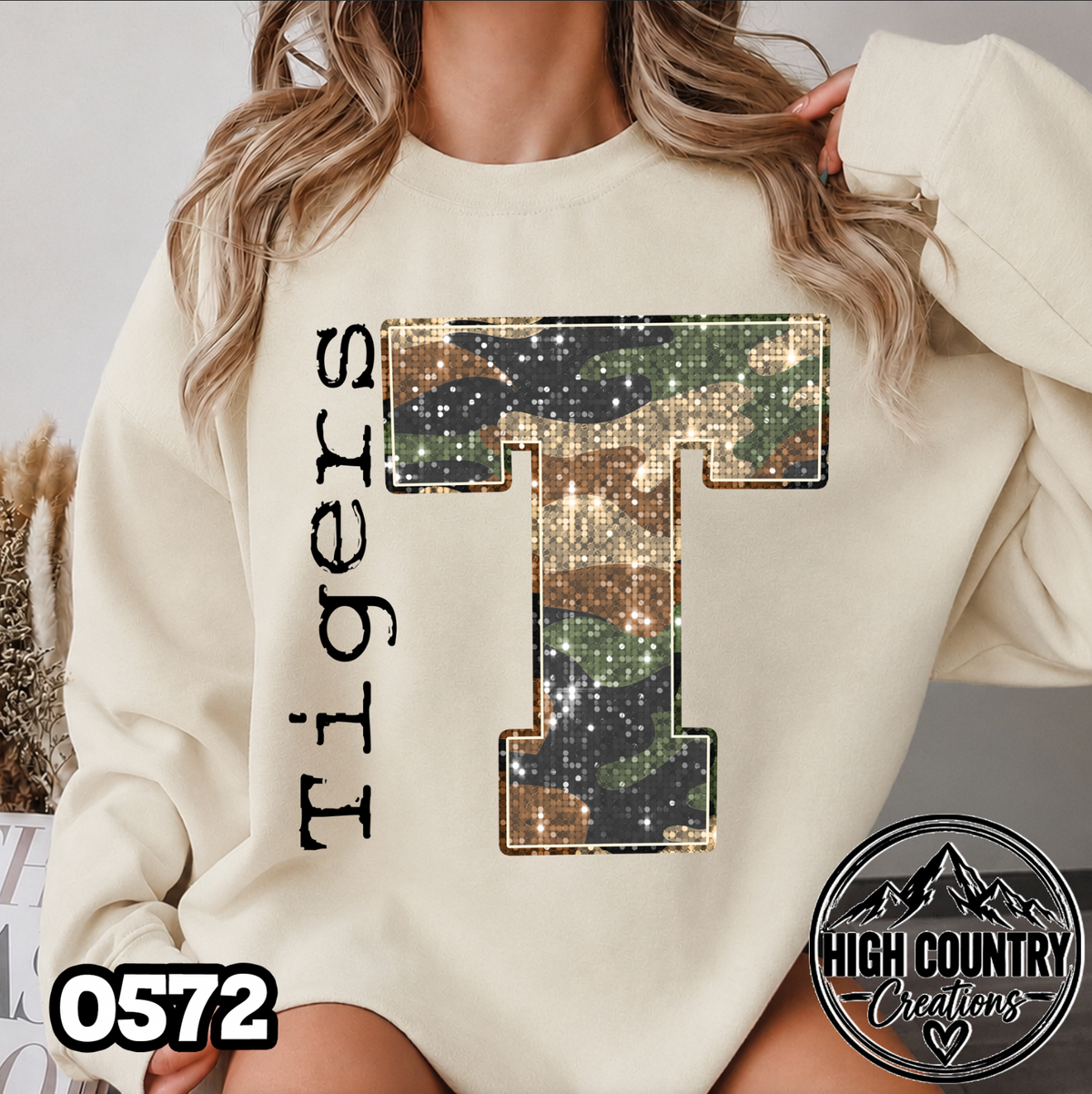 0572 Faux Glitter Camo Initial Mascot Sweater
