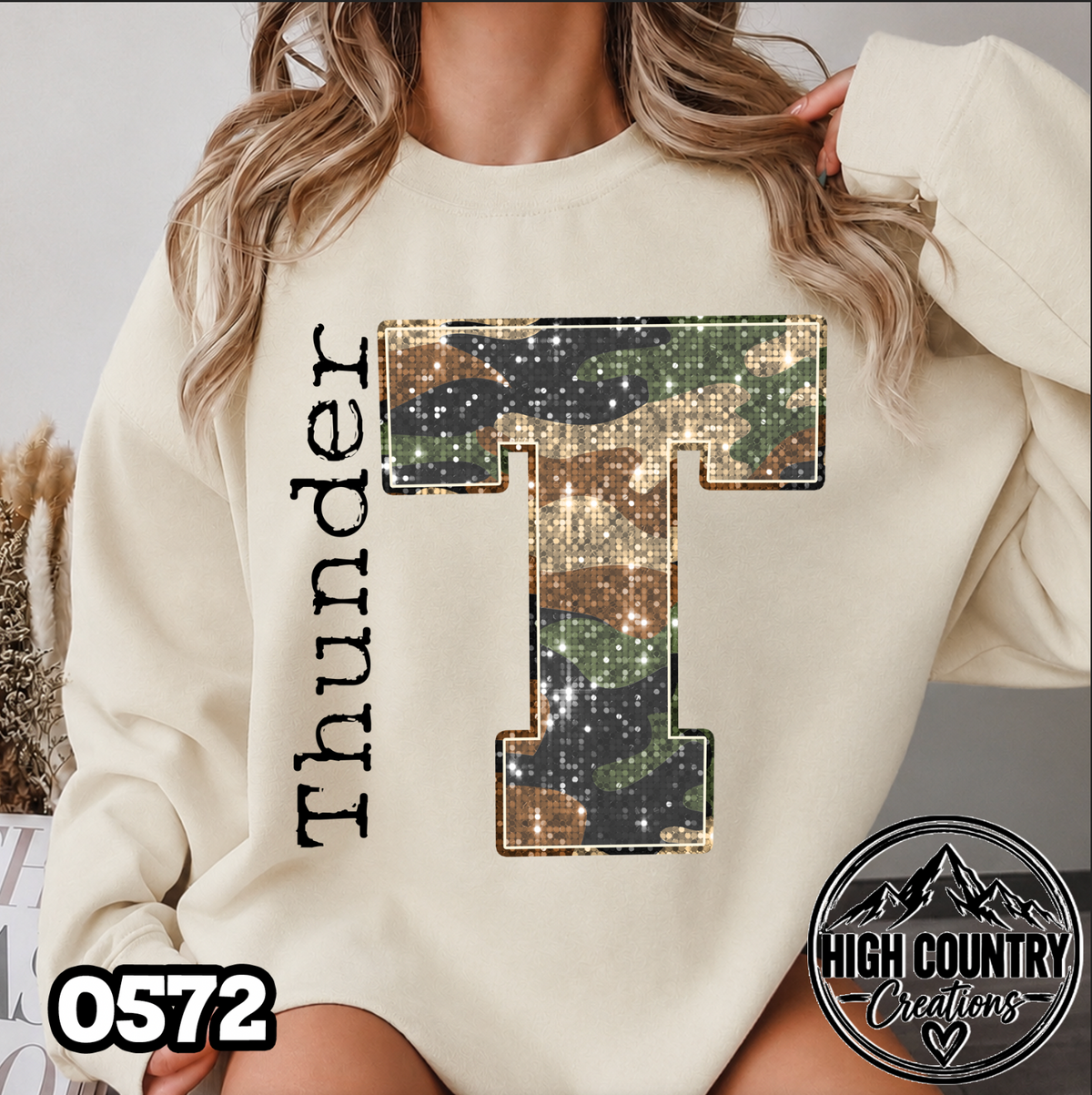 0572 Faux Glitter Camo Initial Mascot Sweater