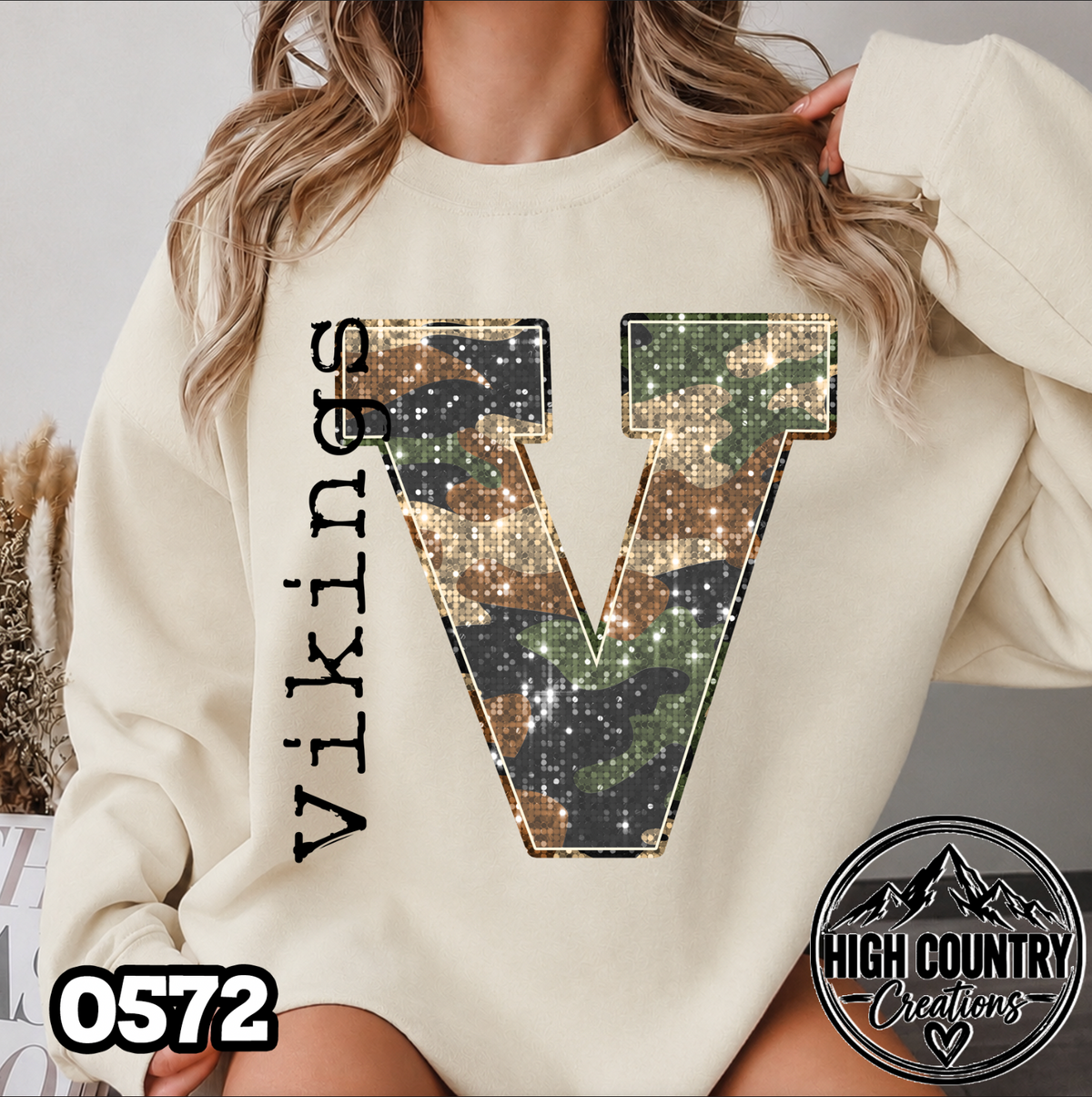 0572 Faux Glitter Camo Initial Mascot Sweater