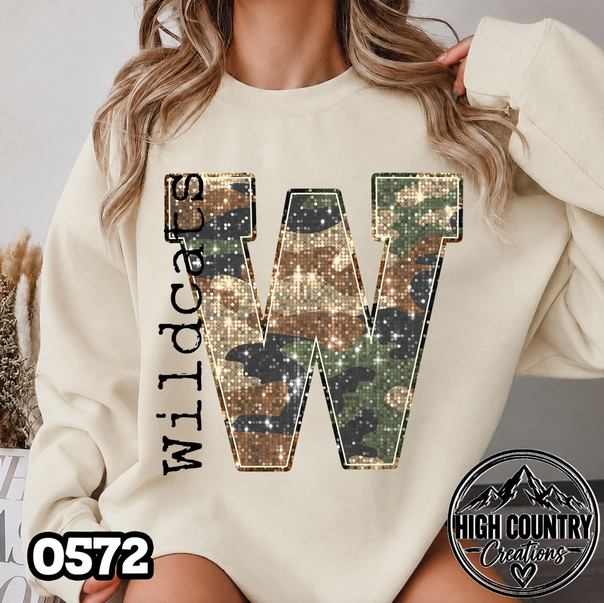 0572 Faux Glitter Camo Initial Mascot Sweater