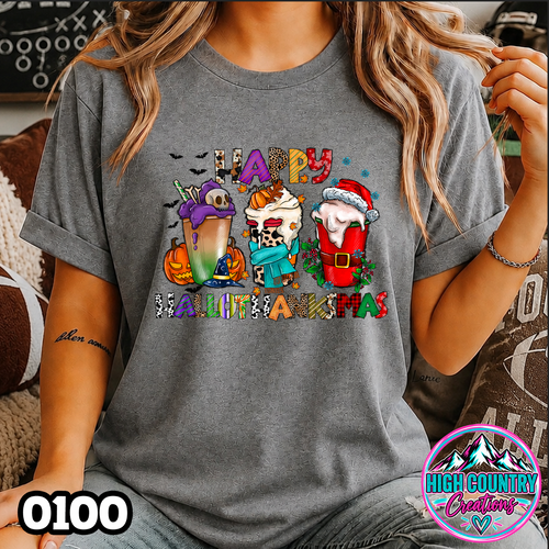 0100 HalloThanksMas {Happy Halloween Thanksgiving Christmas} Tee