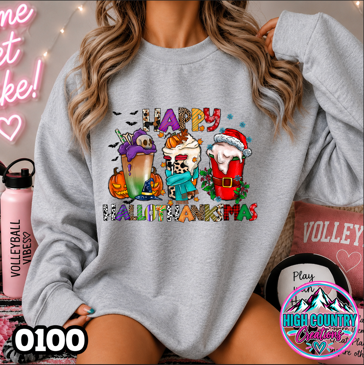 0100 HalloThanksMas {Happy Halloween Thanksgiving Christmas} Tee