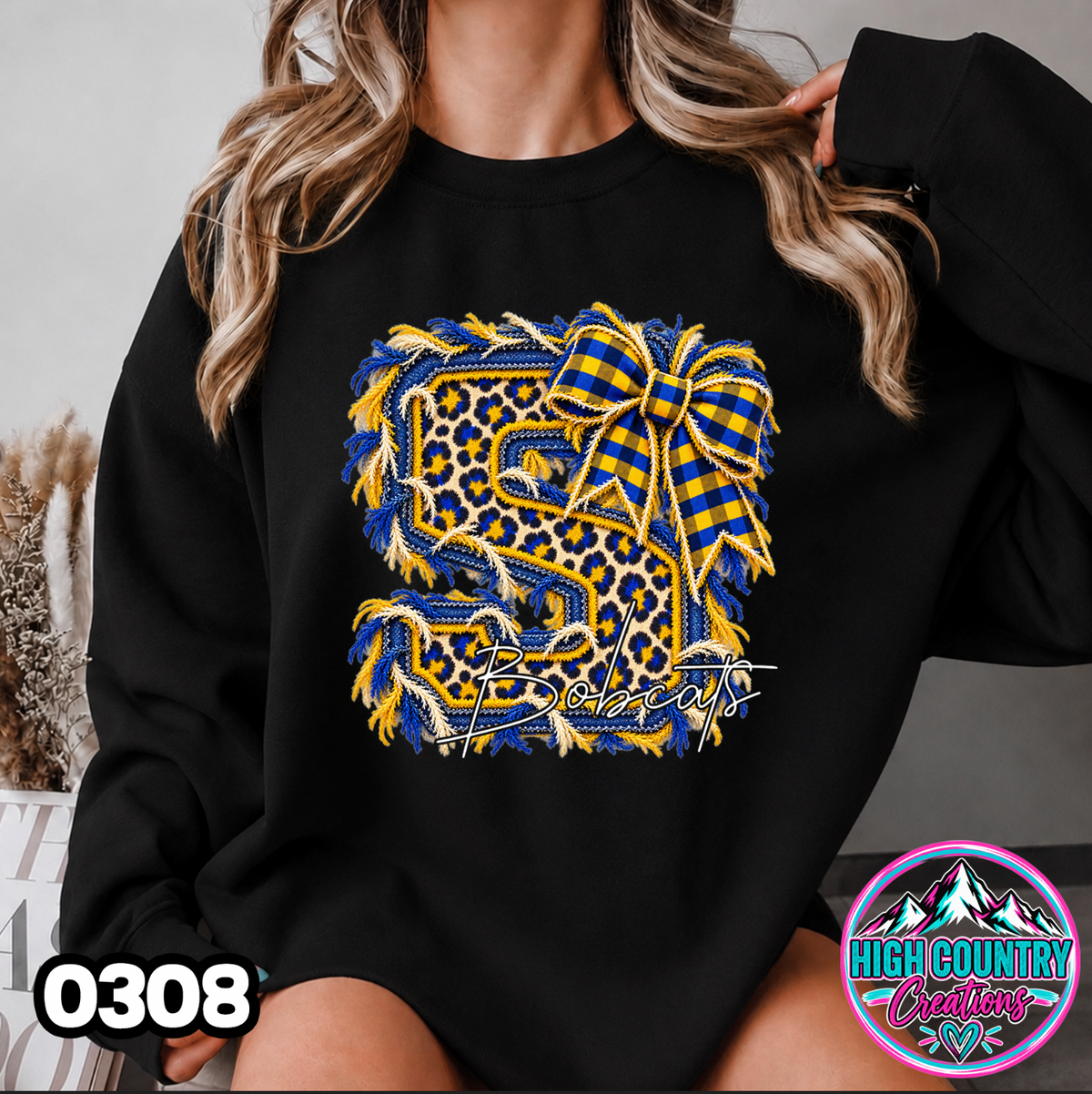 0308 FAUX RIPPED DENIM MASCOT SWEATER