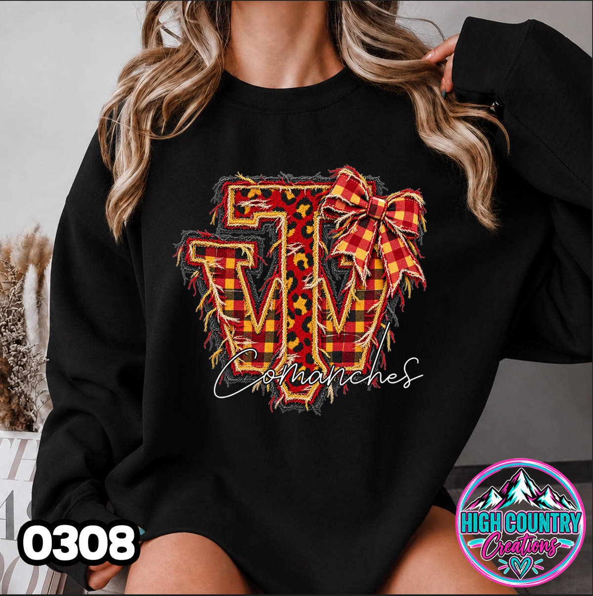 0308 FAUX RIPPED DENIM MASCOT SWEATER