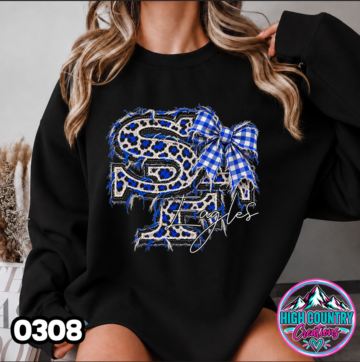 0308 FAUX RIPPED DENIM MASCOT SWEATER