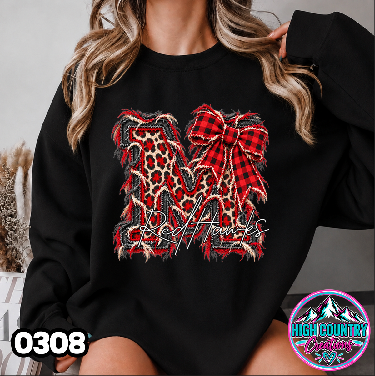 0308 FAUX RIPPED DENIM MASCOT SWEATER