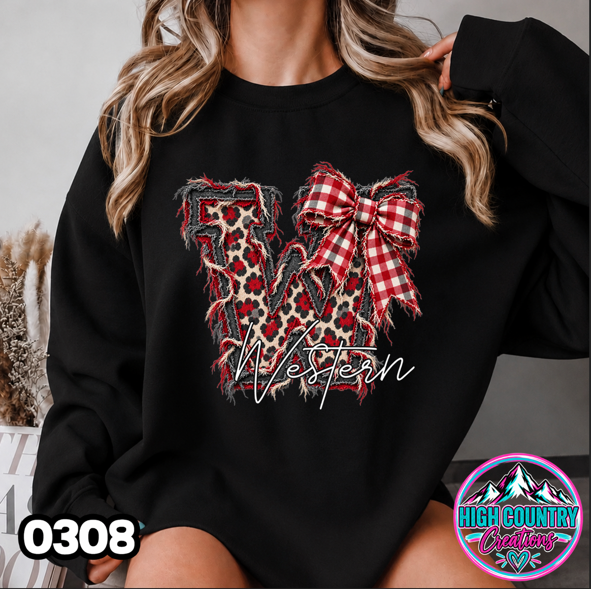 0308 FAUX RIPPED DENIM MASCOT SWEATER
