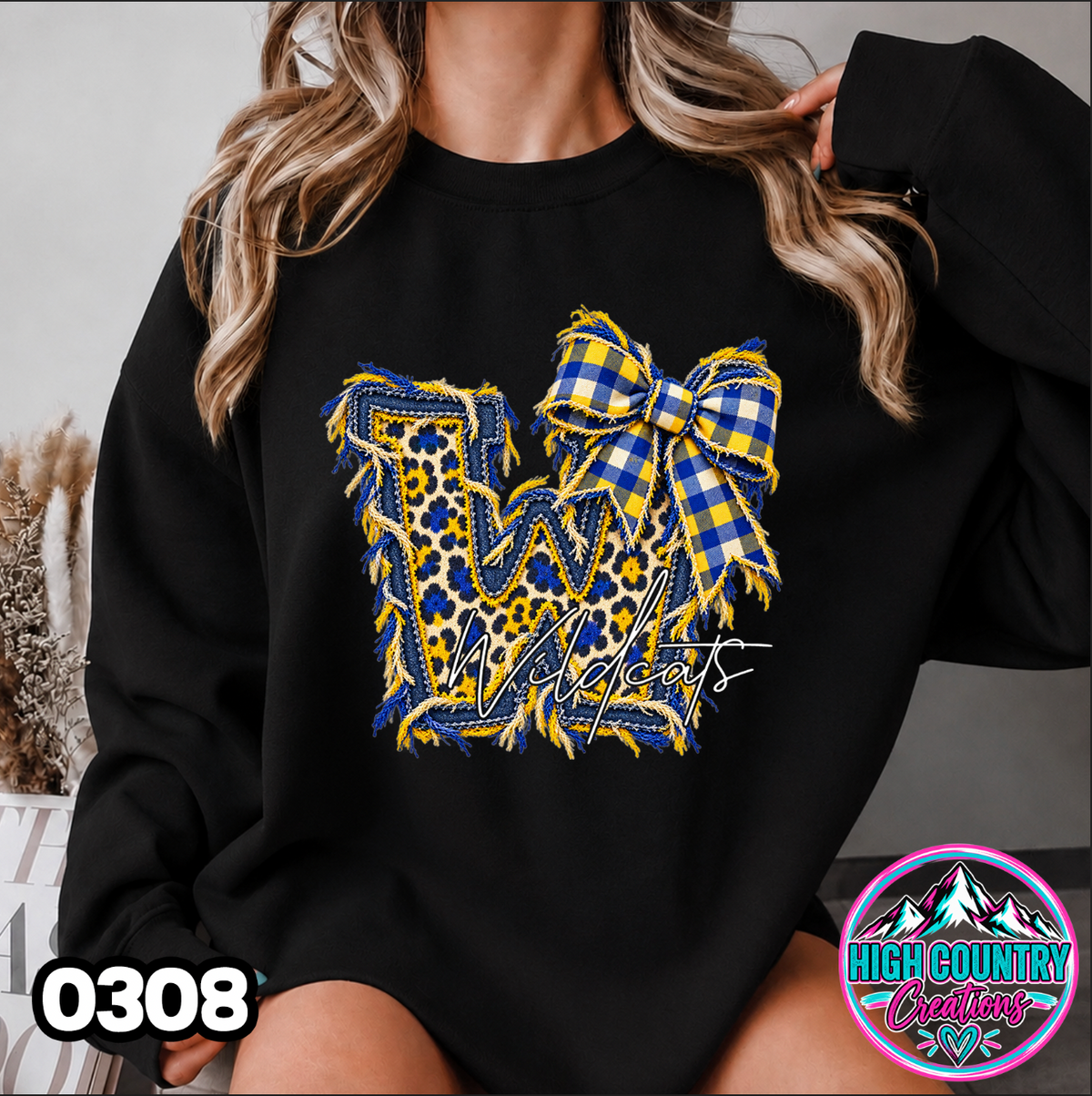 0308 FAUX RIPPED DENIM MASCOT SWEATER